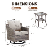 Belord 3-piece outdoor bistro set with PE rattan chairs, thick cushions, and glass coffee table for patio conversation.