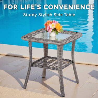 Belord 3-piece outdoor bistro set with PE rattan chairs, thick cushions, and glass coffee table for patio conversation.