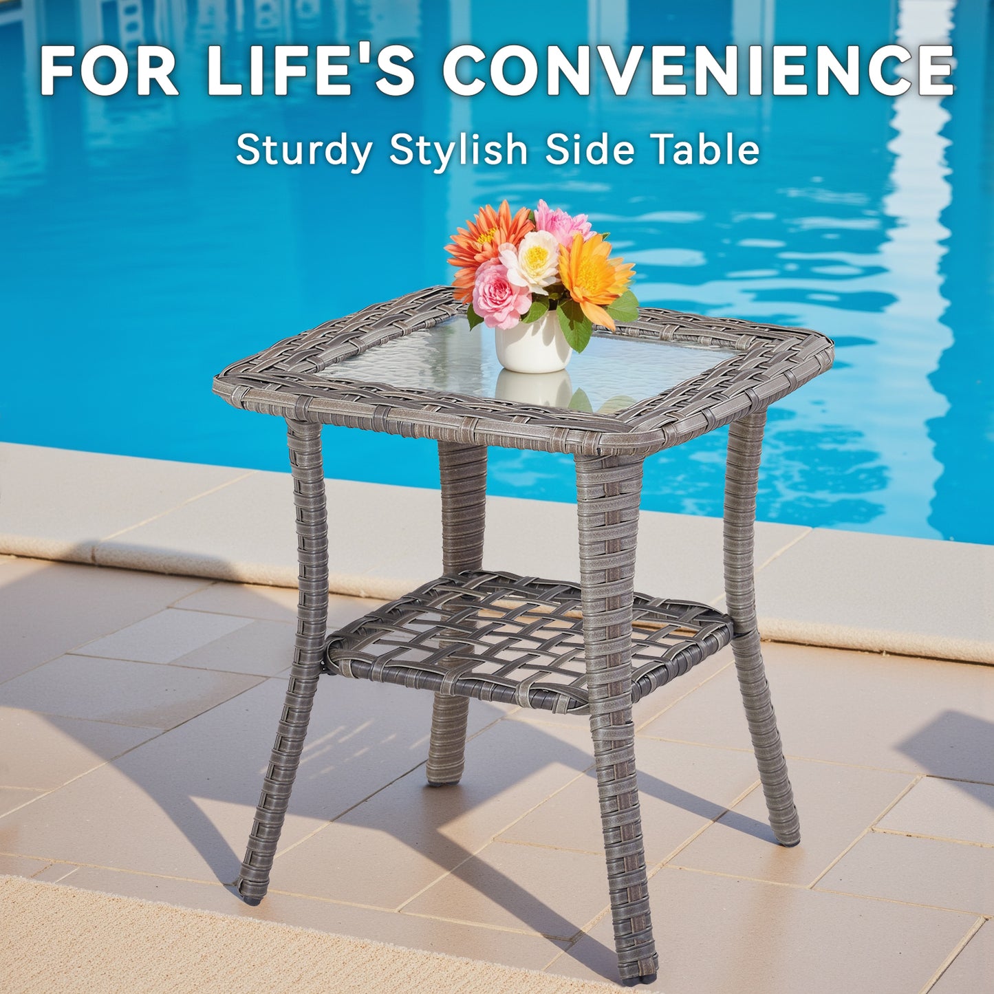 Outdoor Swivel Chair Set (5 Pcs): 2 Glider Chairs, Ottoman Pair & Glass Accent Table, FG Series