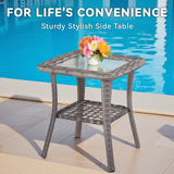 Belord outdoor swivel chair set with two glider chairs, ottomans, and glass accent table for patio conversation.