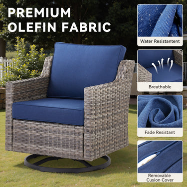 Belord 3-piece outdoor bistro set with PE rattan chairs, thick cushions, and glass coffee table for patio conversation.