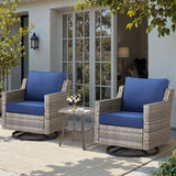 Belord 3-piece outdoor bistro set with PE rattan chairs, thick cushions, and glass coffee table for patio conversation.