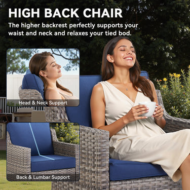 Belord outdoor swivel patio chair set with two glider chairs, ottomans, and glass accent table in FG Series design.