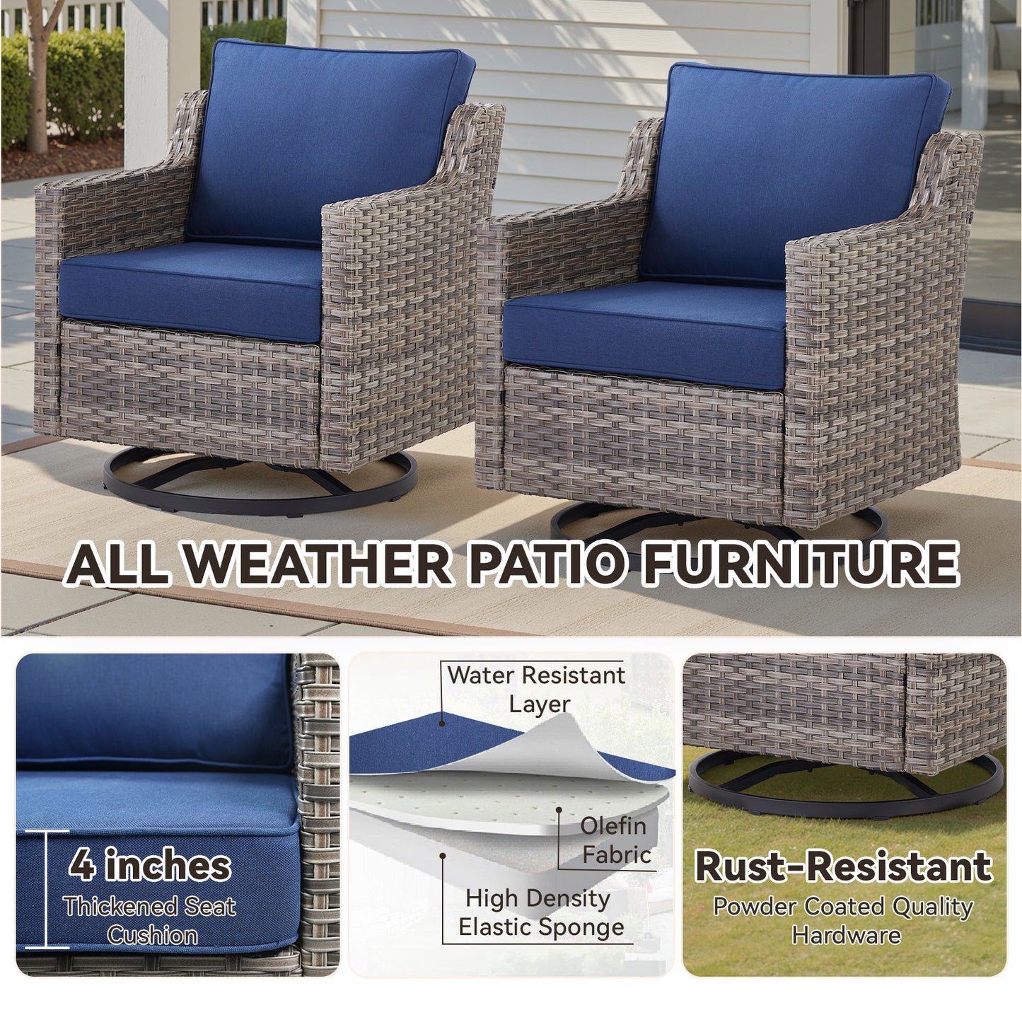 5-Piece Outdoor Patio Furniture Set — Wicker Sofa, 2 Swivel Chairs, Gray Fire Pit & Side Table, FG Series