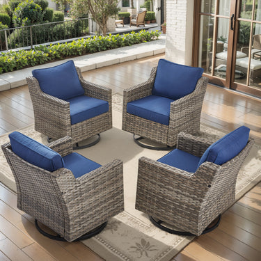 Set of four Belord FG Series patio swivel rocker chairs with high backs, PE wicker frames, and padded cushions for outdoor seating.