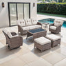 Belord 7-piece outdoor patio conversation set with swivel T-back chairs, sofa, and table for outdoor seating and relaxation.