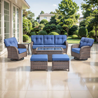 Belord 7-piece outdoor patio conversation set with swivel T-back chairs, sofa, and table for outdoor seating and relaxation.
