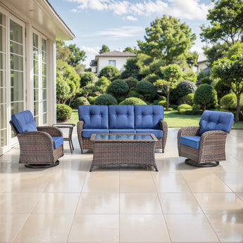 5PC Outdoor Conversation Set with Rocking Swivel Chairs, Sofa & Large Coffee Table, Premium Wicker with 5'' Thick Cushions, T Series