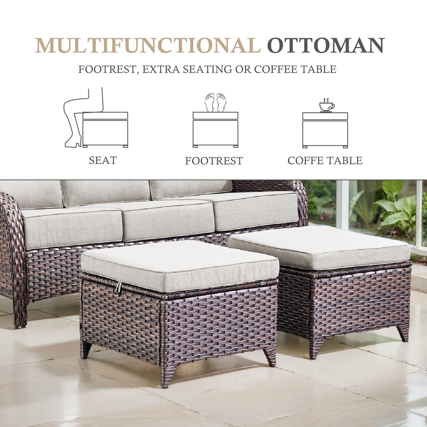 9PC Luxury Outdoor Wicker Sofa Set with Rocking Swivel Chairs, Ottomans & Coffee Table, Deep Seating with 5'' Cushions, T Series