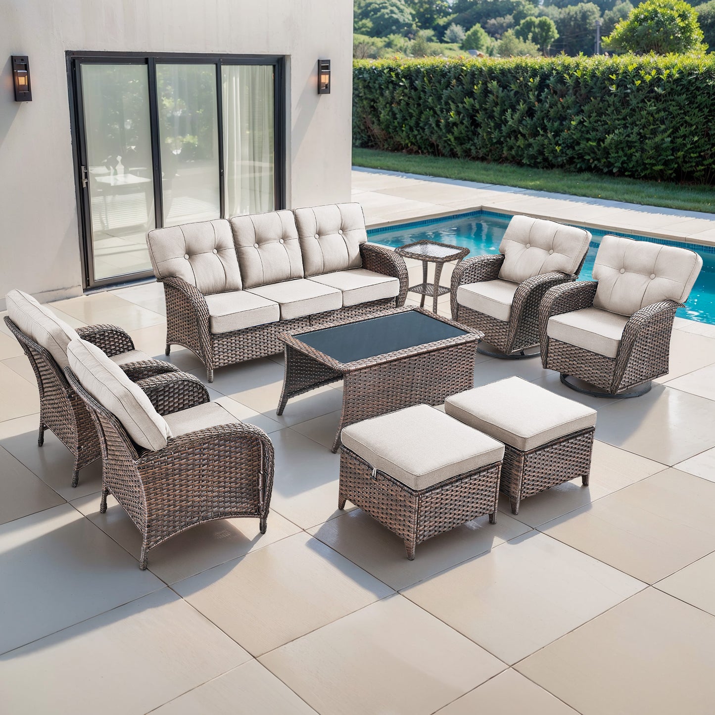 9PC Luxury Outdoor Wicker Sofa Set with Rocking Swivel Chairs, Ottomans & Coffee Table, Deep Seating with 5'' Cushions, T Series