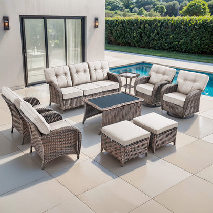 9PC Luxury Outdoor Wicker Sofa Set with Rocking Swivel Chairs, Ottomans & Coffee Table, Deep Seating with 5'' Cushions, T Series