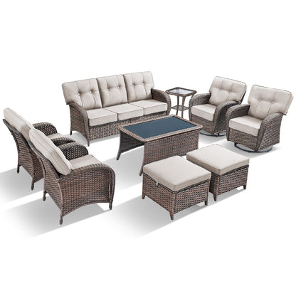 9PC Luxury Outdoor Wicker Sofa Set with Rocking Swivel Chairs, Ottomans & Coffee Table, Deep Seating with 5'' Cushions, T Series