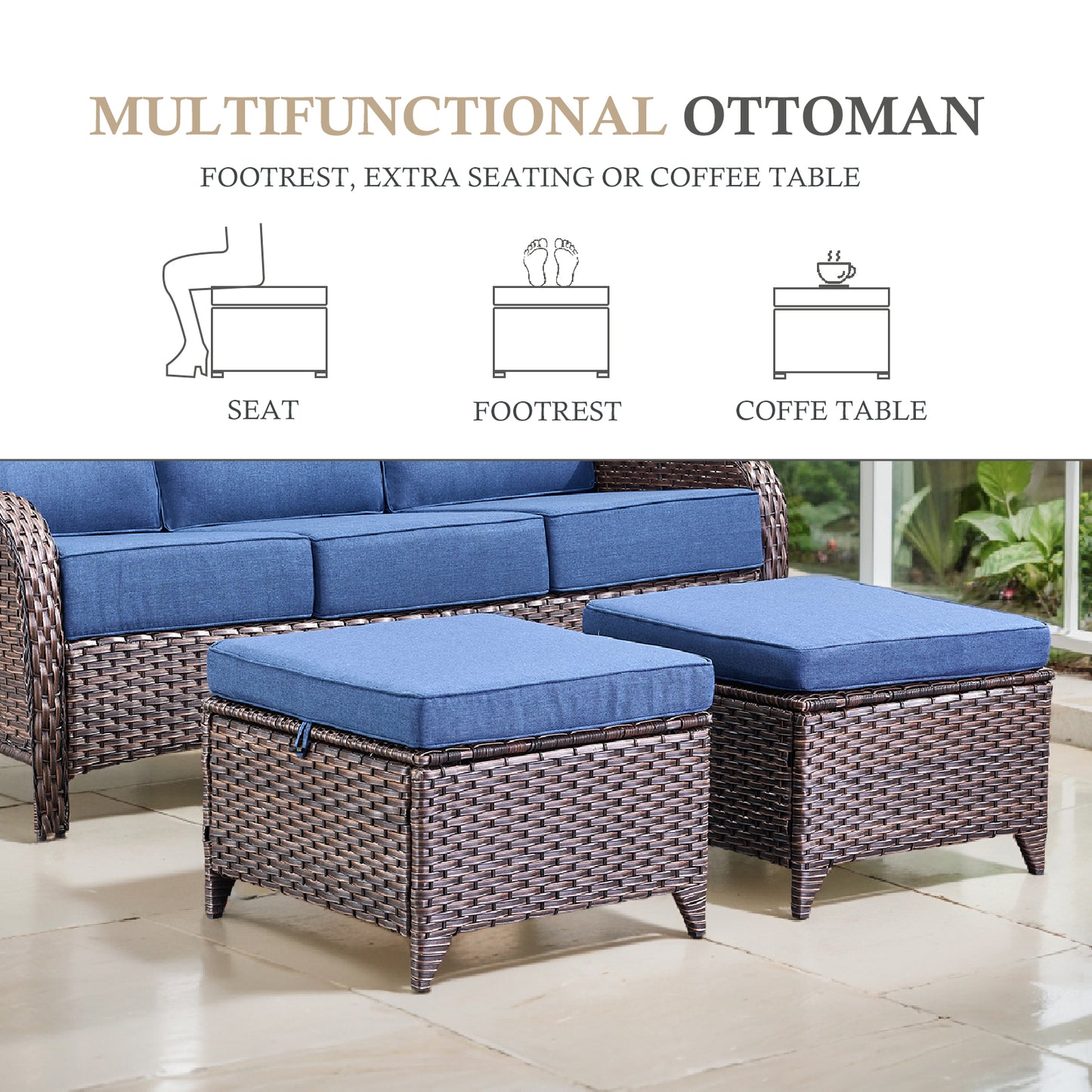 9PC Luxury Outdoor Wicker Sofa Set with Rocking Swivel Chairs, Ottomans & Coffee Table, Deep Seating with 5'' Cushions, T Series