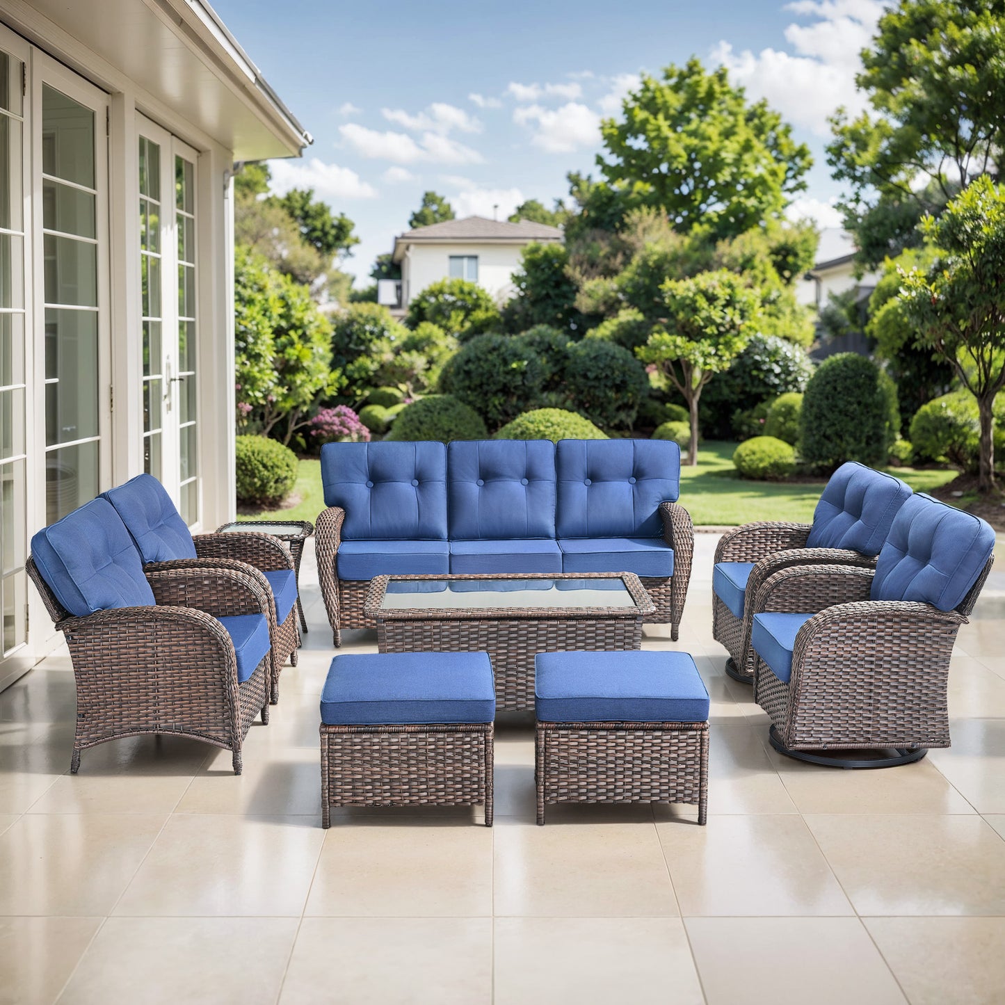 9PC Luxury Outdoor Wicker Sofa Set with Rocking Swivel Chairs, Ottomans & Coffee Table, Deep Seating with 5'' Cushions, T Series