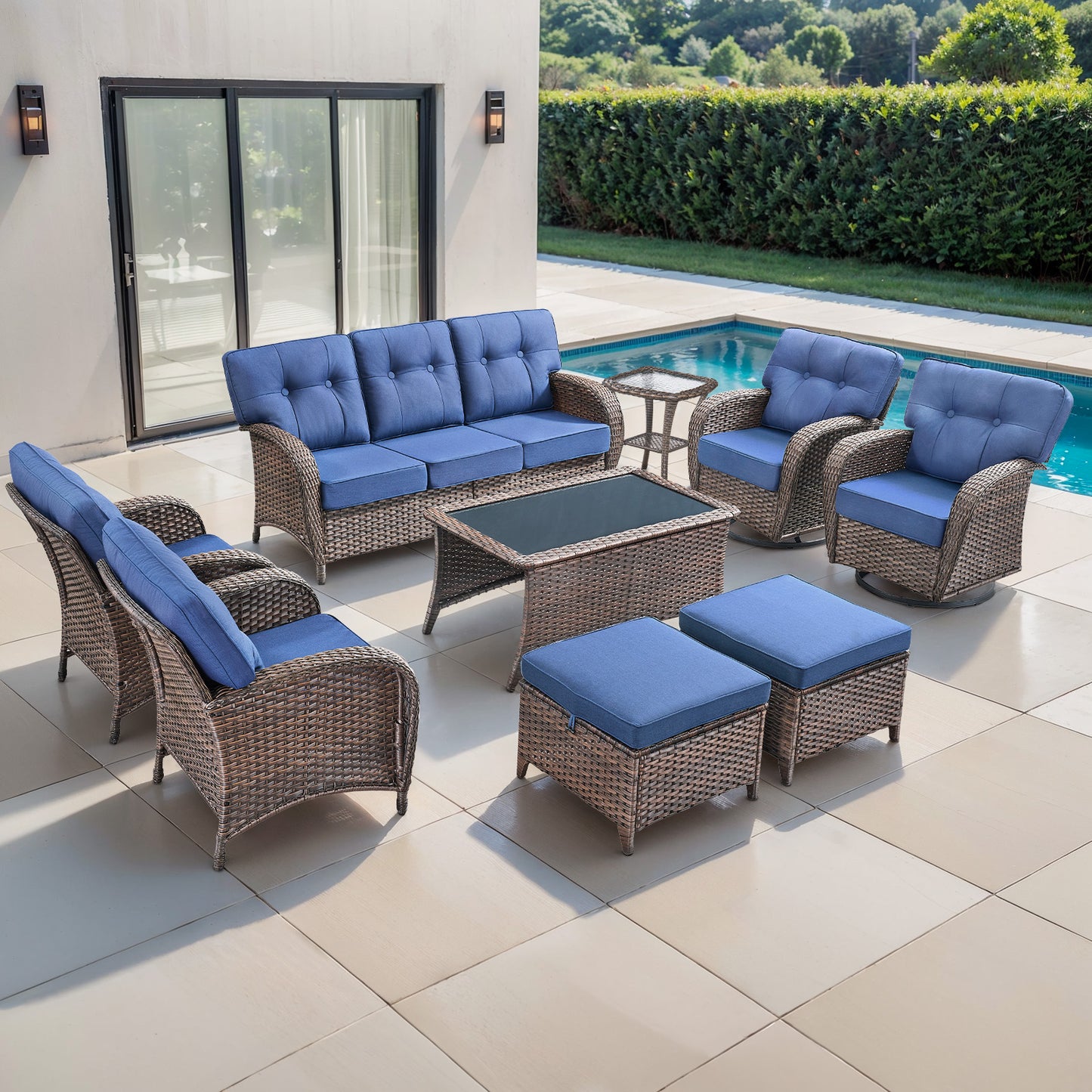 9PC Luxury Outdoor Wicker Sofa Set with Rocking Swivel Chairs, Ottomans & Coffee Table, Deep Seating with 5'' Cushions, T Series