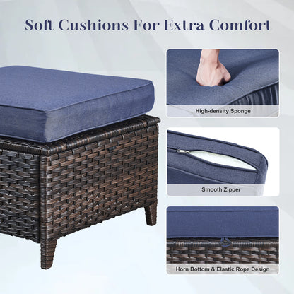 9PC Luxury Outdoor Wicker Sofa Set with Rocking Swivel Chairs, Ottomans & Coffee Table, Deep Seating with 5'' Cushions, T Series