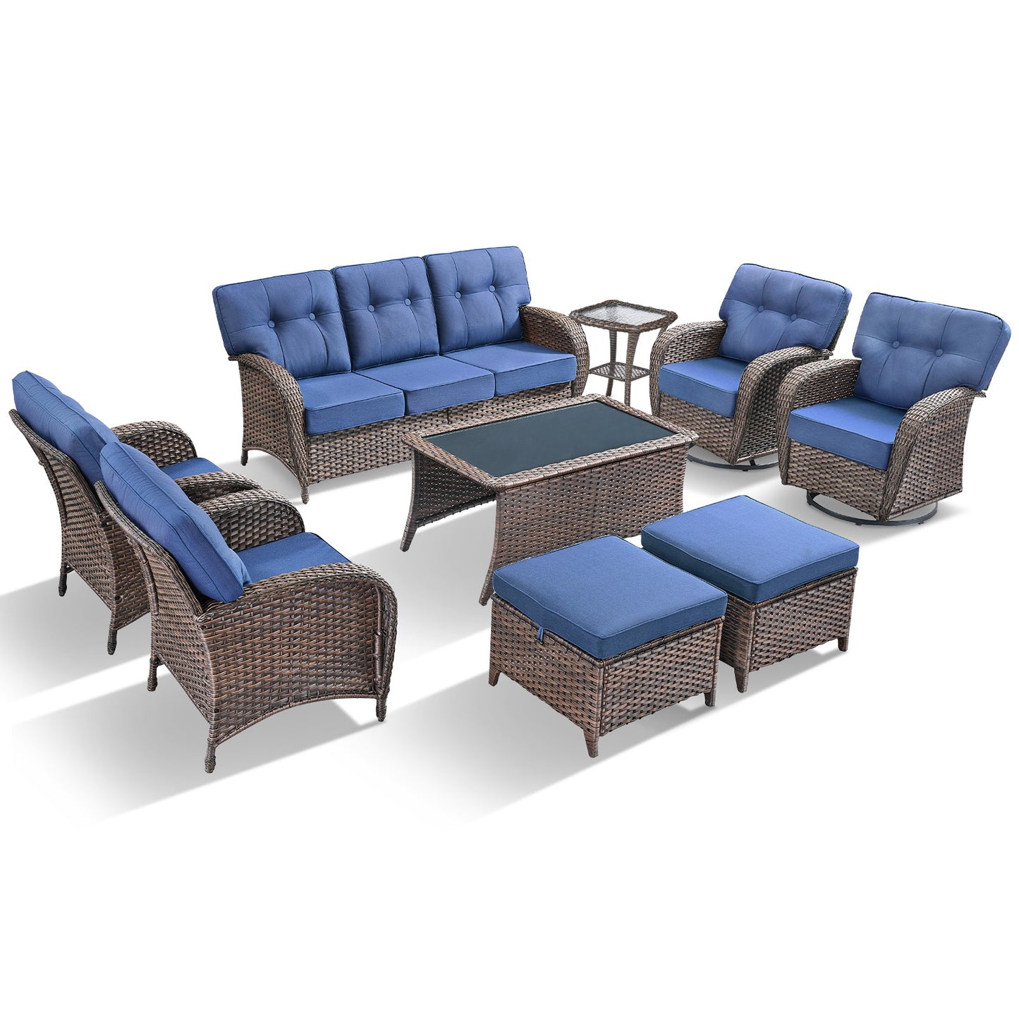 9PC Luxury Outdoor Wicker Sofa Set with Rocking Swivel Chairs, Ottomans & Coffee Table, Deep Seating with 5'' Cushions, T Series