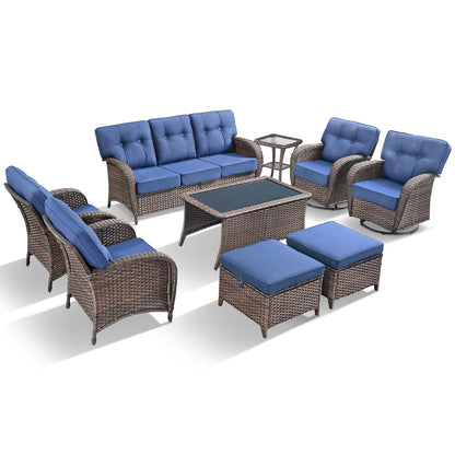 9PC Luxury Outdoor Wicker Sofa Set with Rocking Swivel Chairs, Ottomans & Coffee Table, Deep Seating with 5'' Cushions, T Series