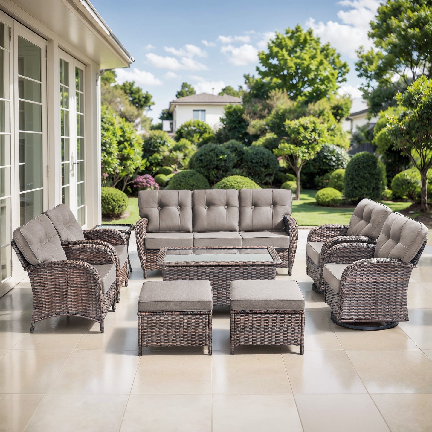 9PC Luxury Outdoor Wicker Sofa Set with Rocking Swivel Chairs, Ottomans & Coffee Table, Deep Seating with 5'' Cushions, T Series