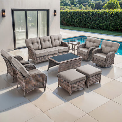 9PC Luxury Outdoor Wicker Sofa Set with Rocking Swivel Chairs, Ottomans & Coffee Table, Deep Seating with 5'' Cushions, T Series