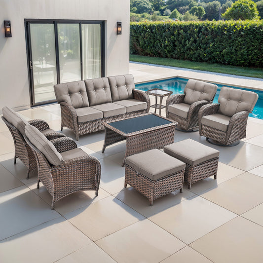 9PC Luxury Outdoor Wicker Sofa Set with Rocking Swivel Chairs, Ottomans & Coffee Table, Deep Seating with 5'' Cushions, T Series