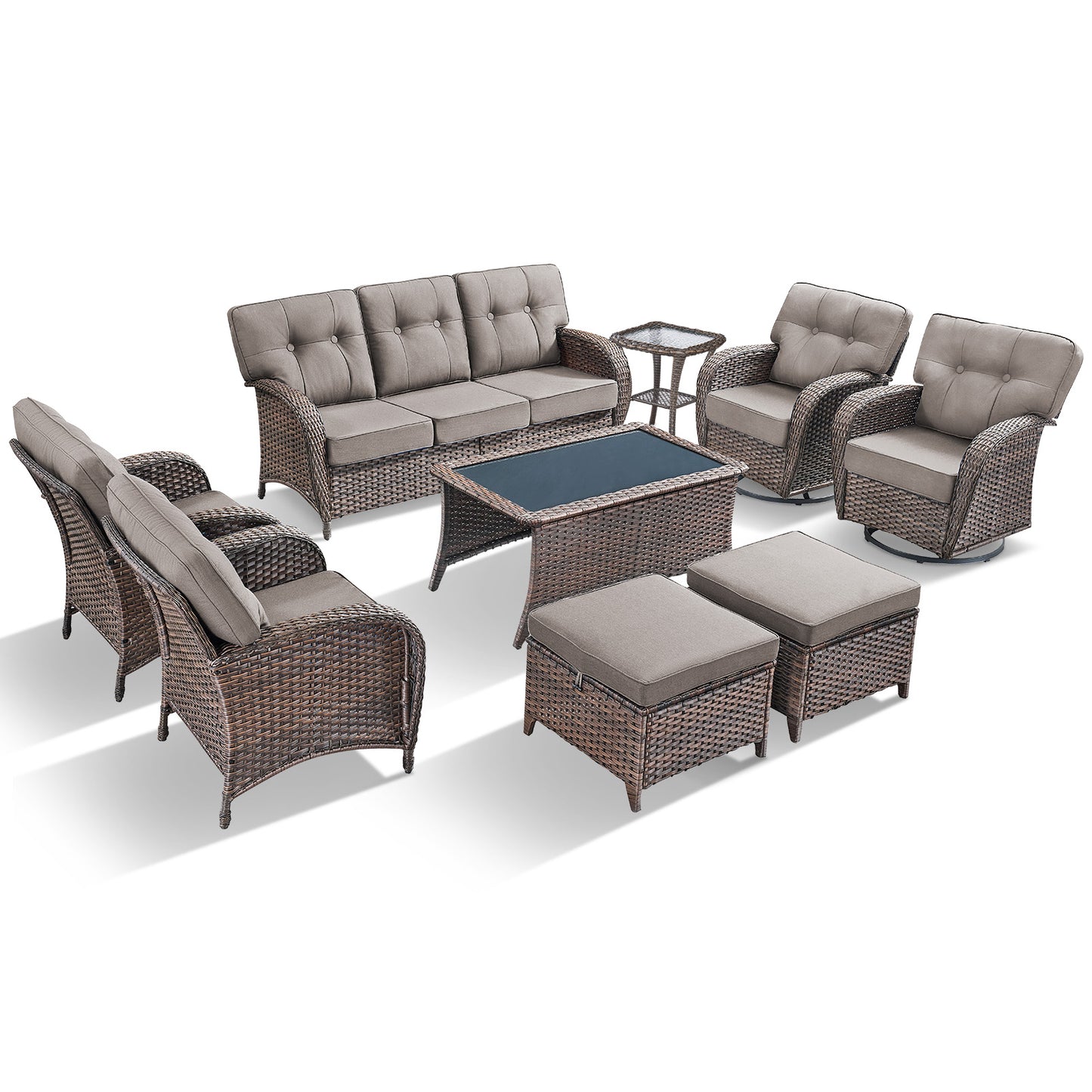 9PC Luxury Outdoor Wicker Sofa Set with Rocking Swivel Chairs, Ottomans & Coffee Table, Deep Seating with 5'' Cushions, T Series