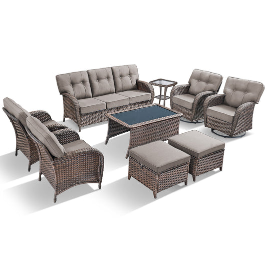9PC Luxury Outdoor Wicker Sofa Set with Rocking Swivel Chairs, Ottomans & Coffee Table, Deep Seating with 5'' Cushions, T Series