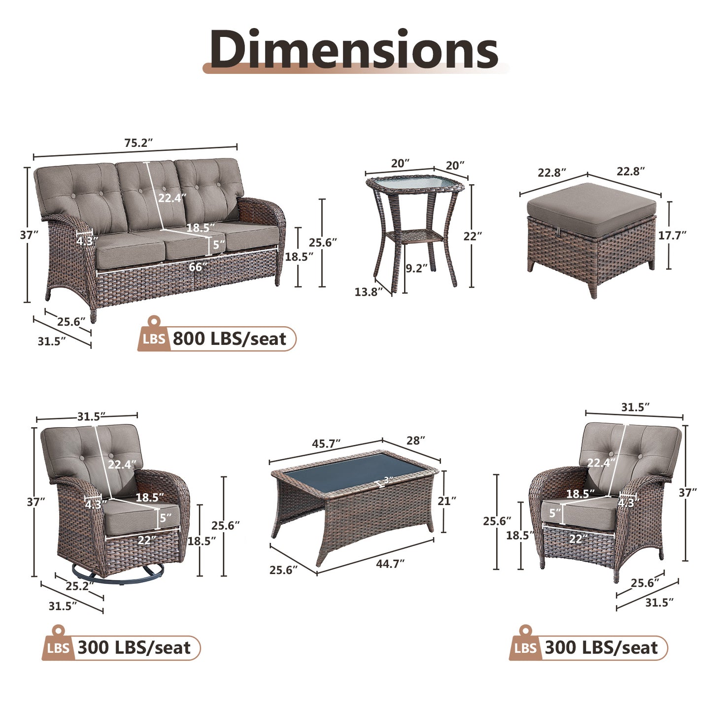 9PC Luxury Outdoor Wicker Sofa Set with Rocking Swivel Chairs, Ottomans & Coffee Table, Deep Seating with 5'' Cushions, T Series