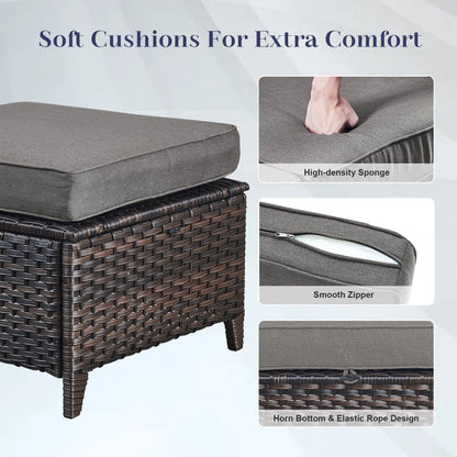 9PC Luxury Outdoor Wicker Sofa Set with Rocking Swivel Chairs, Ottomans & Coffee Table, Deep Seating with 5'' Cushions, T Series