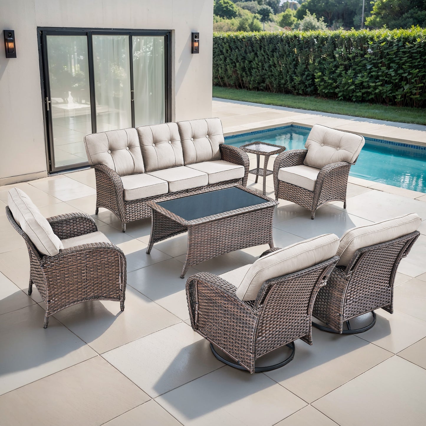 7-Piece Premium Patio Furniture Set with Rocking Swivel Chairs, Sofa, Large Coffee Table & 5'' Thick Cushions, T Series