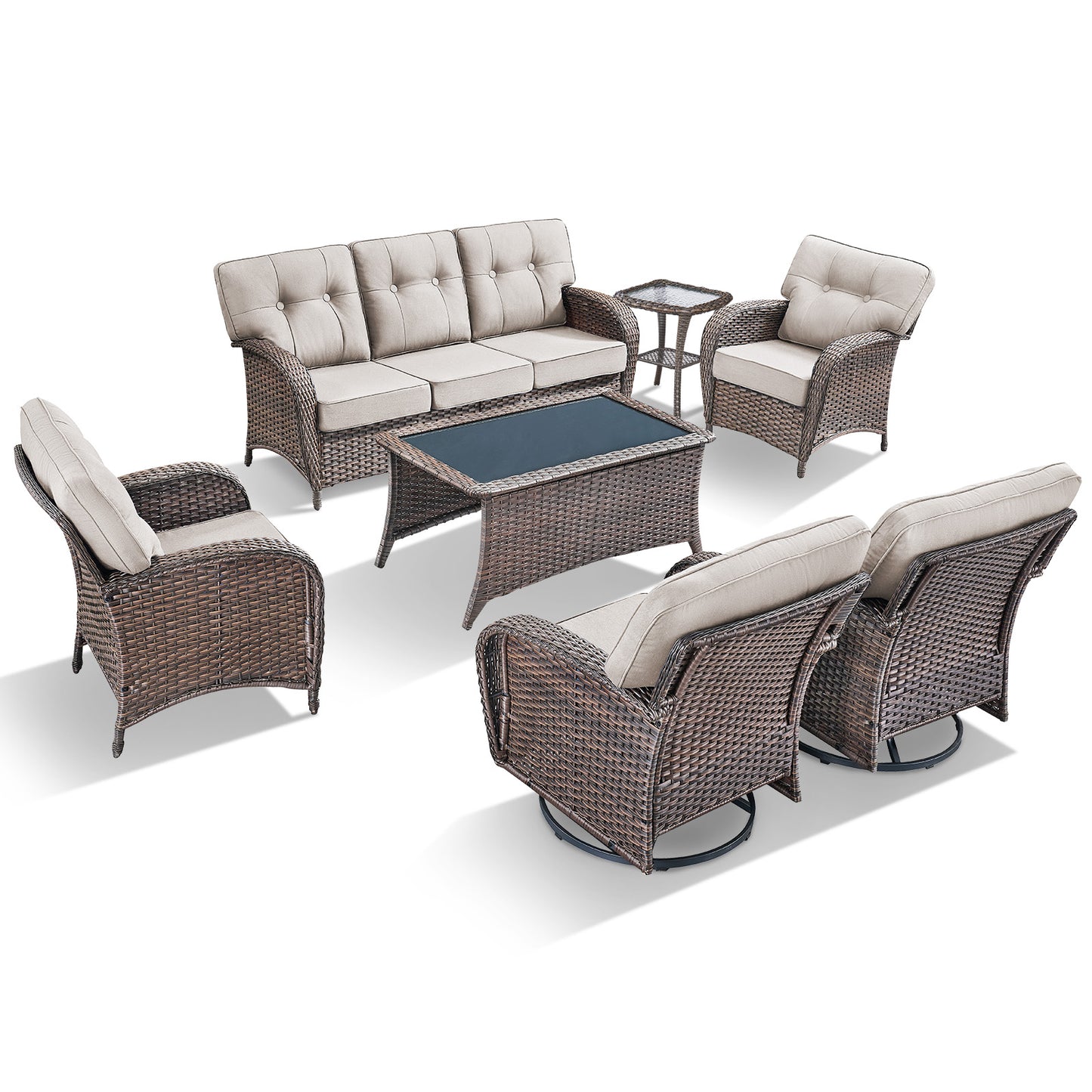7-Piece Premium Patio Furniture Set with Rocking Swivel Chairs, Sofa, Large Coffee Table & 5'' Thick Cushions, T Series
