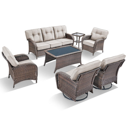 7-Piece Premium Patio Furniture Set with Rocking Swivel Chairs, Sofa, Large Coffee Table & 5'' Thick Cushions, T Series