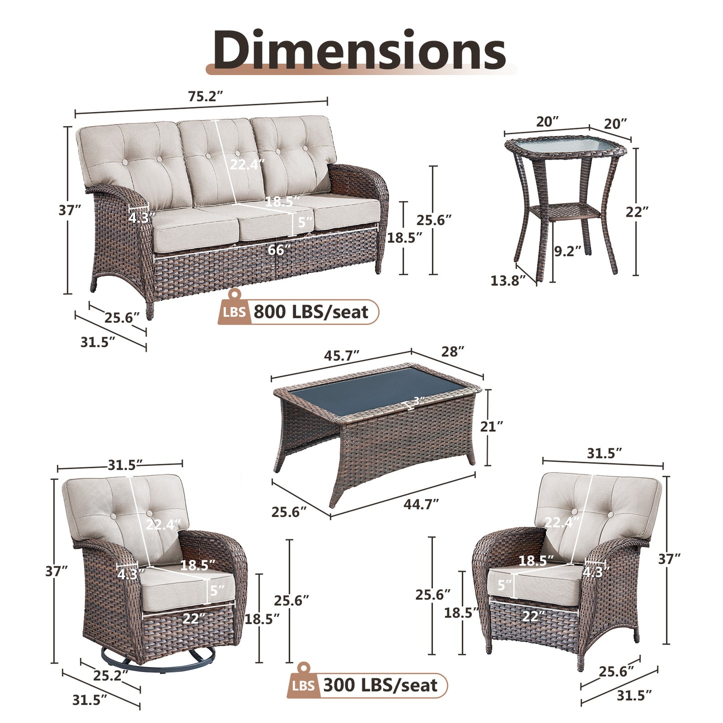 7-Piece Premium Patio Furniture Set with Rocking Swivel Chairs, Sofa, Large Coffee Table & 5'' Thick Cushions, T Series