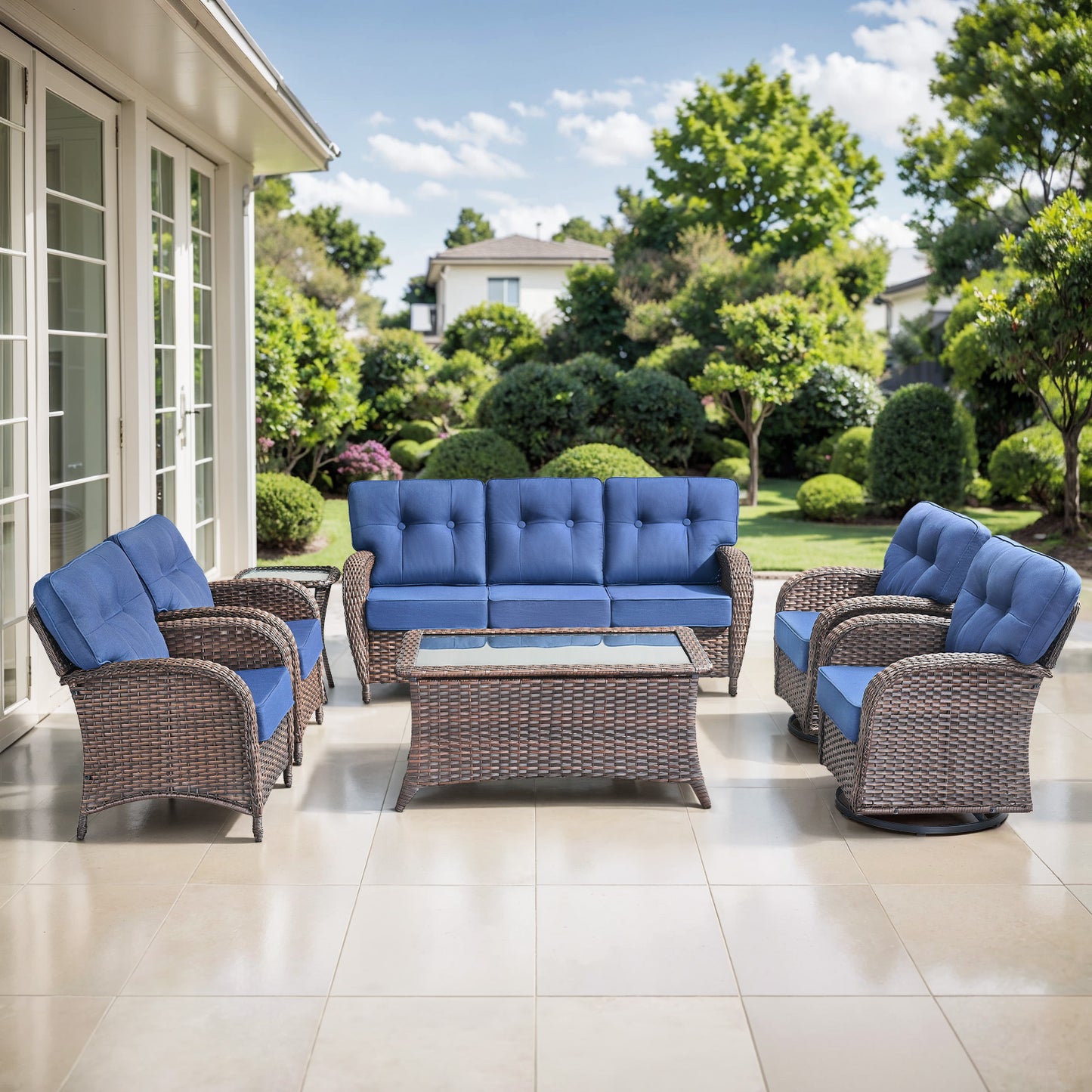 7-Piece Premium Patio Furniture Set with Rocking Swivel Chairs, Sofa, Large Coffee Table & 5'' Thick Cushions, T Series