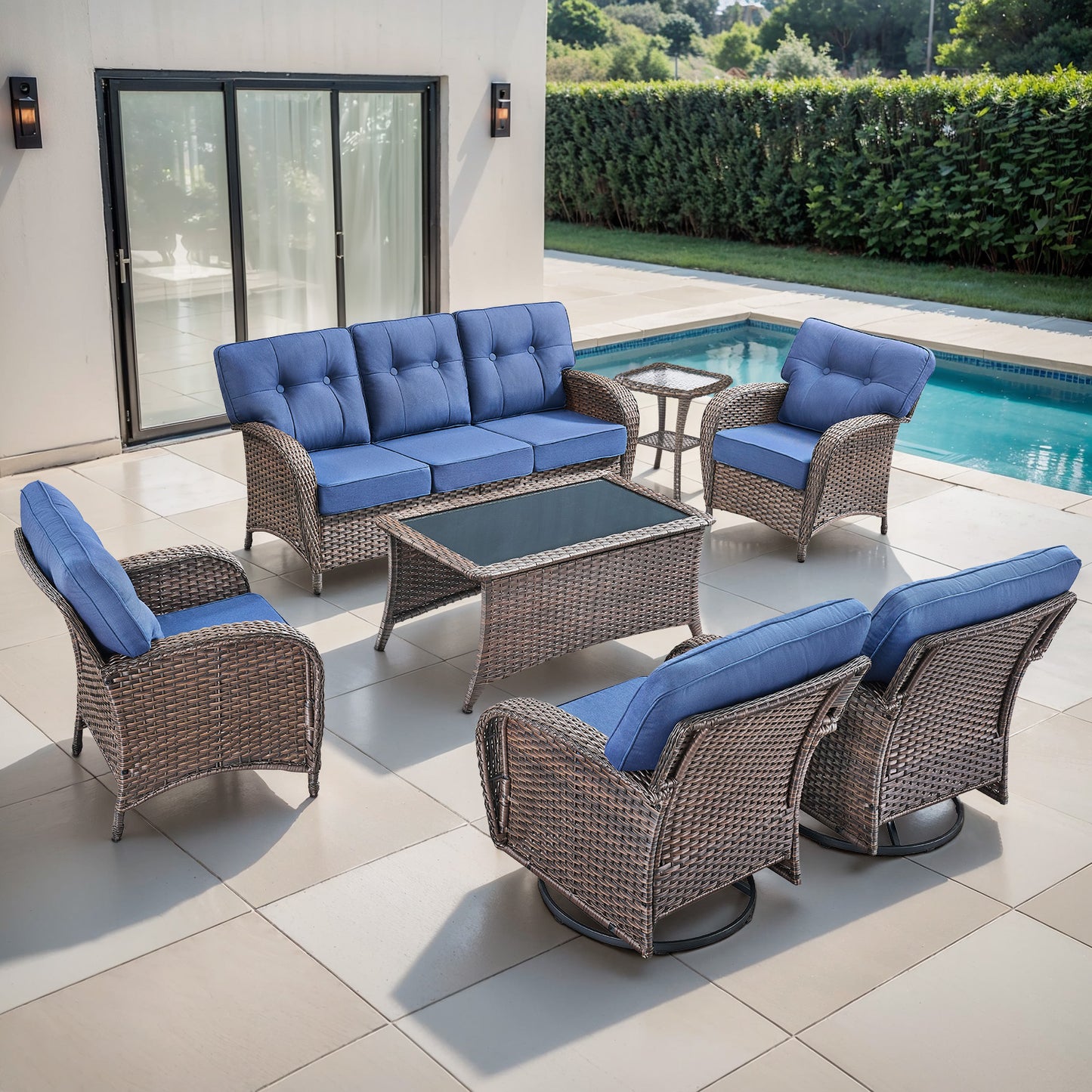 7-Piece Premium Patio Furniture Set with Rocking Swivel Chairs, Sofa, Large Coffee Table & 5'' Thick Cushions, T Series