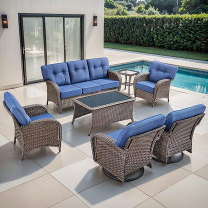 7-Piece Premium Patio Furniture Set with Rocking Swivel Chairs, Sofa, Large Coffee Table & 5'' Thick Cushions, T Series