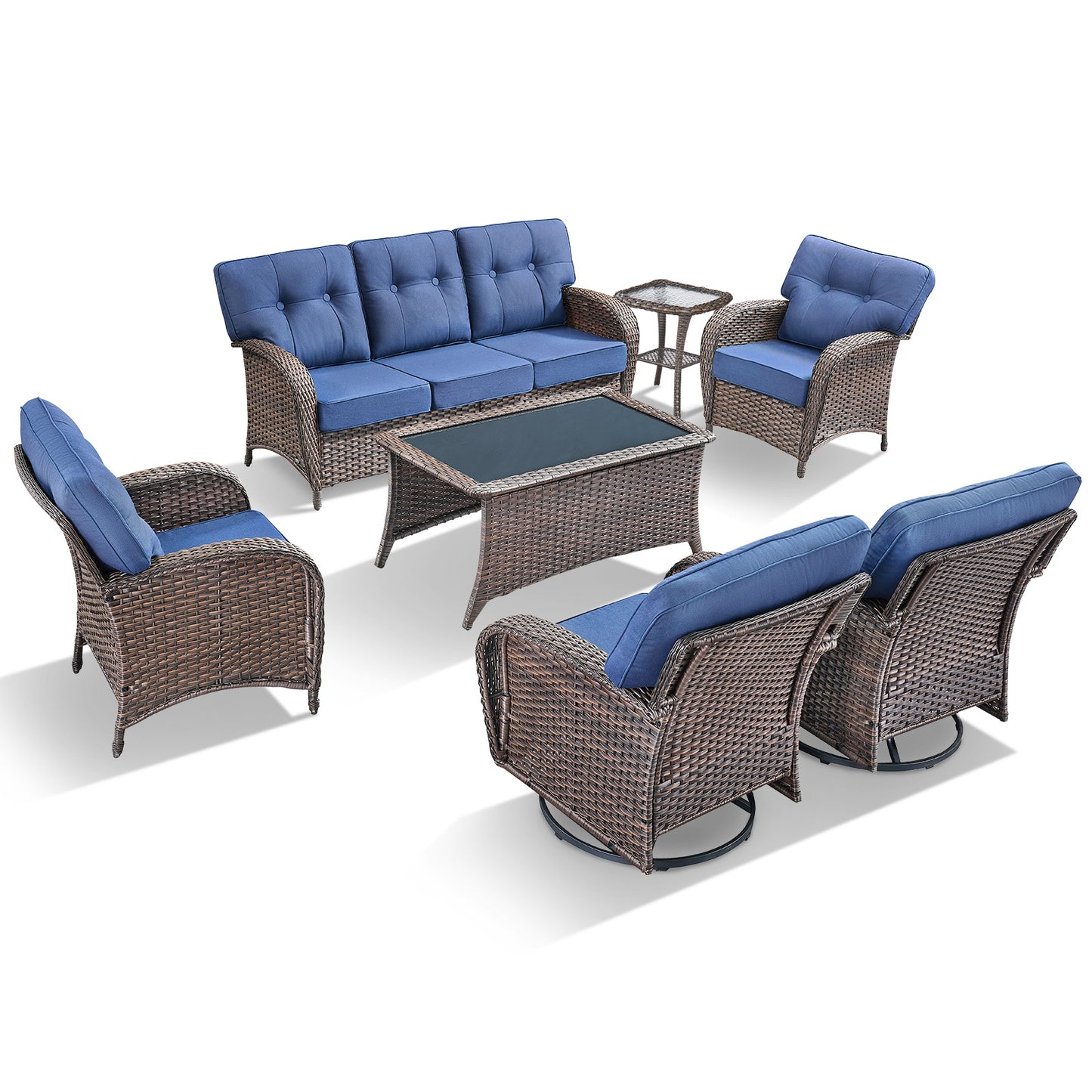 7-Piece Premium Patio Furniture Set with Rocking Swivel Chairs, Sofa, Large Coffee Table & 5'' Thick Cushions, T Series