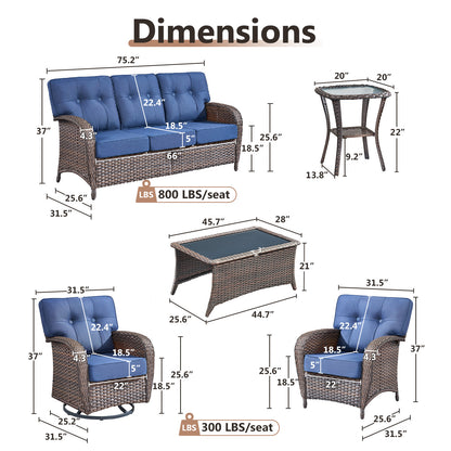 7-Piece Premium Patio Furniture Set with Rocking Swivel Chairs, Sofa, Large Coffee Table & 5'' Thick Cushions, T Series