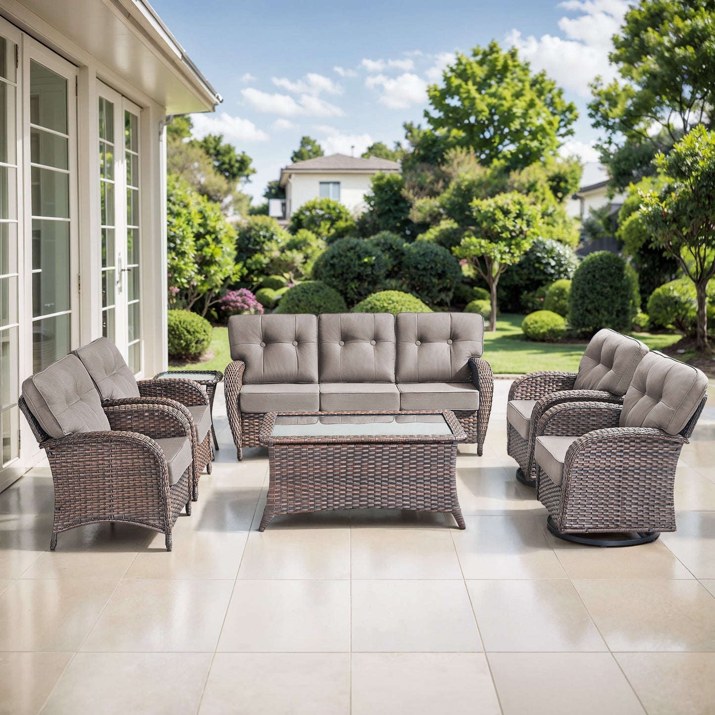 7-Piece Premium Patio Furniture Set with Rocking Swivel Chairs, Sofa, Large Coffee Table & 5'' Thick Cushions, T Series