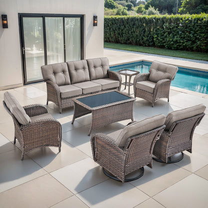 7-Piece Premium Patio Furniture Set with Rocking Swivel Chairs, Sofa, Large Coffee Table & 5'' Thick Cushions, T Series