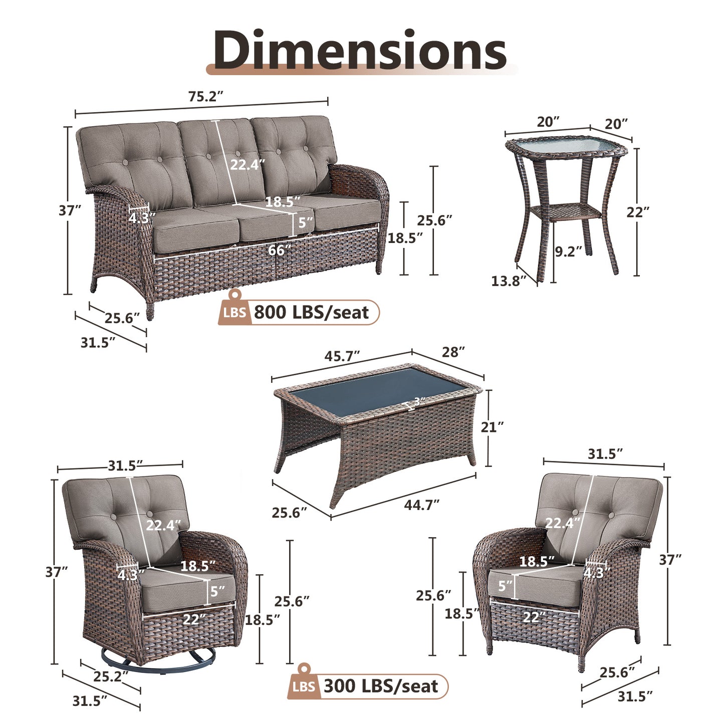 7-Piece Premium Patio Furniture Set with Rocking Swivel Chairs, Sofa, Large Coffee Table & 5'' Thick Cushions, T Series