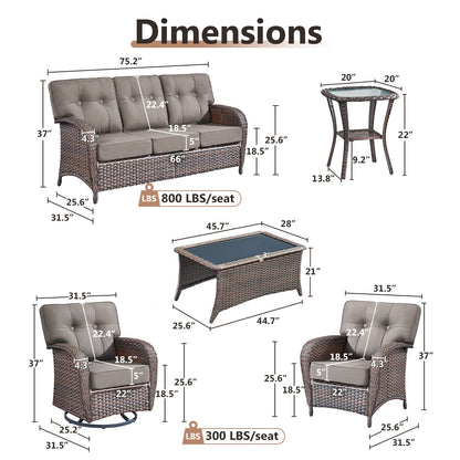 7-Piece Premium Patio Furniture Set with Rocking Swivel Chairs, Sofa, Large Coffee Table & 5'' Thick Cushions, T Series