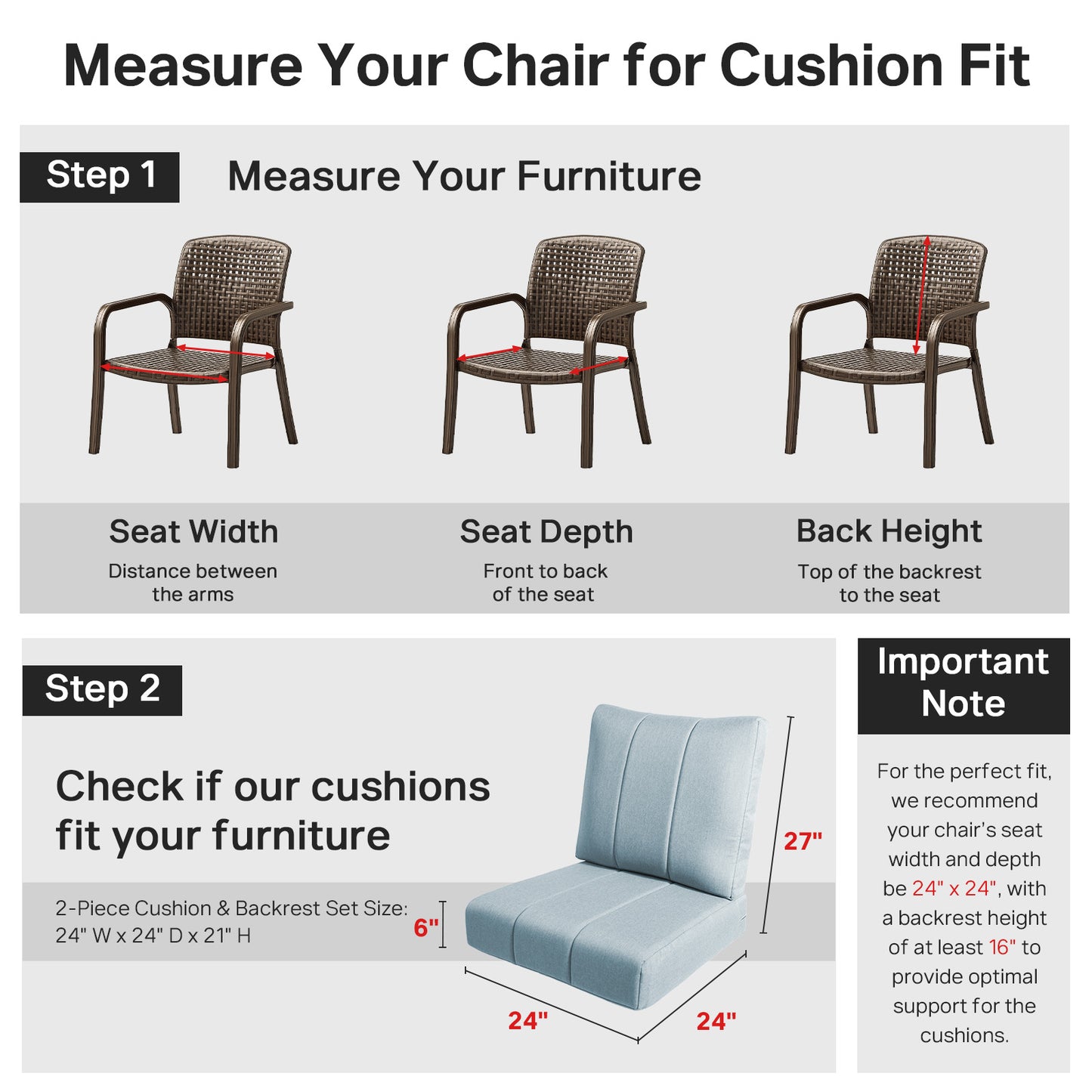 Luxury 6" Thick Outdoor Seat Cushion – 24"x24" Water-Resistant Patio Chair Cushion for Rattan & Sectional Seating