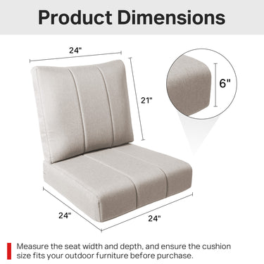 Set of 6 Belord outdoor seat cushions for patio rattan chairs, water-resistant 24x24x6-inch chair and sofa cushions.