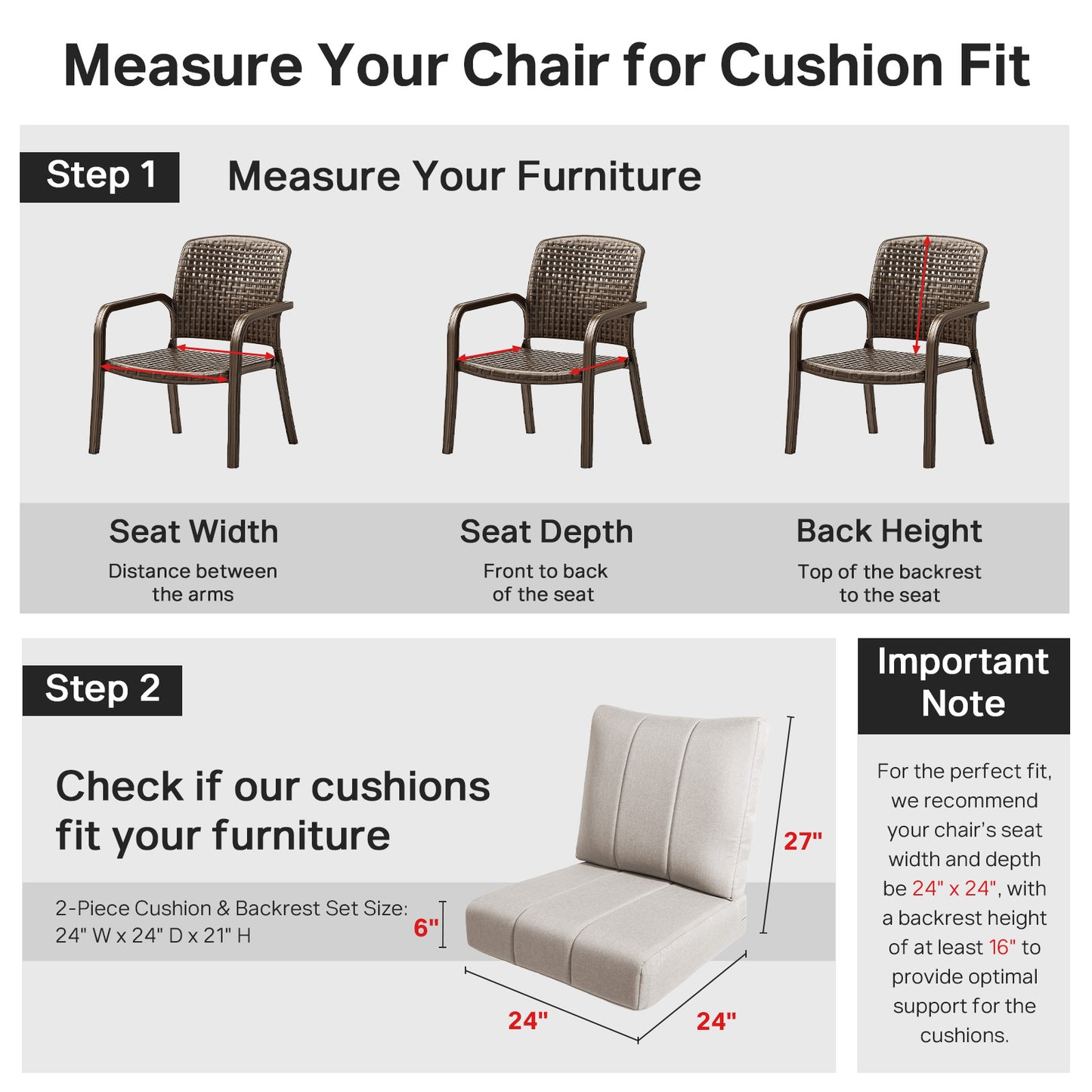 Luxury 6" Thick Outdoor Seat Cushion – 24"x24" Water-Resistant Patio Chair Cushion for Rattan & Sectional Seating