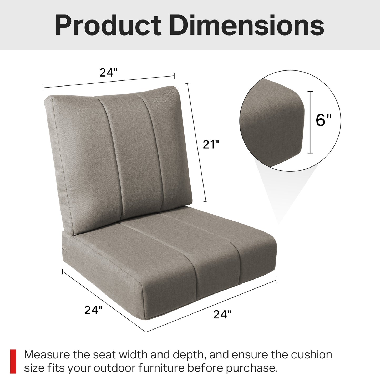 Luxury 6" Thick Outdoor Seat Cushion – 24"x24" Water-Resistant Patio Chair Cushion for Rattan & Sectional Seating