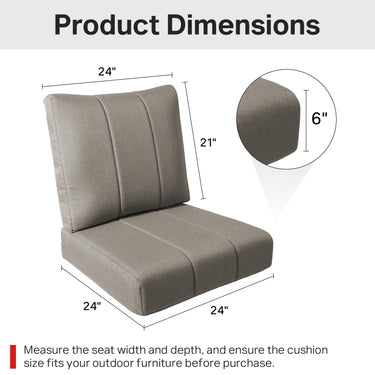 Set of six Belord luxury outdoor chair cushions with water-resistant fabric, 24x24x6 inches, for rattan patio seating.