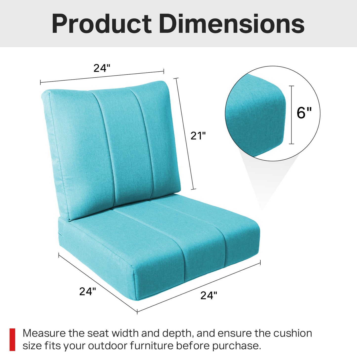 Luxury 6" Thick Outdoor Seat Cushion – 24"x24" Water-Resistant Patio Chair Cushion for Rattan & Sectional Seating