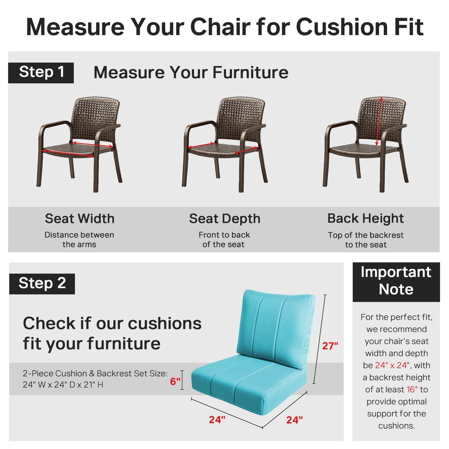 Luxury 6" Thick Outdoor Seat Cushion – 24"x24" Water-Resistant Patio Chair Cushion for Rattan & Sectional Seating