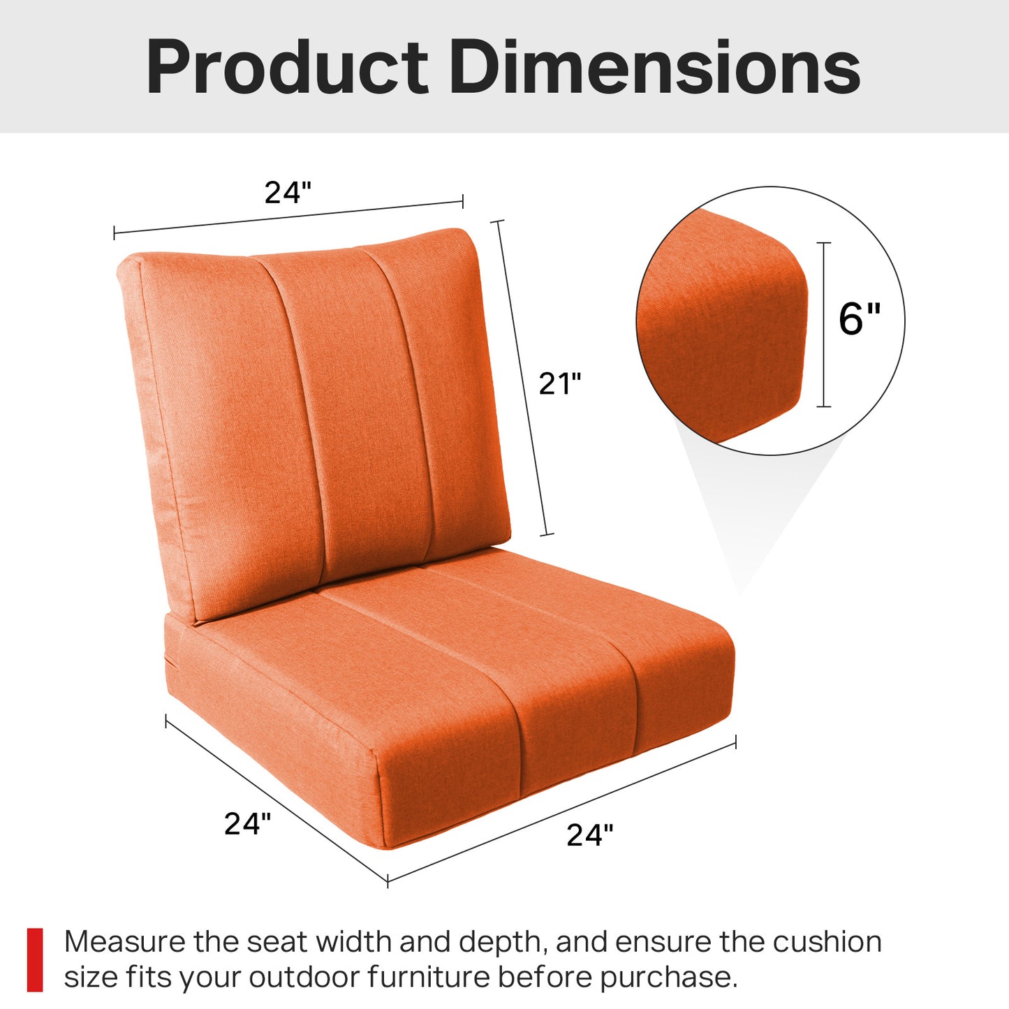 Luxury 6" Thick Outdoor Seat Cushion – 24"x24" Water-Resistant Patio Chair Cushion for Rattan & Sectional Seating